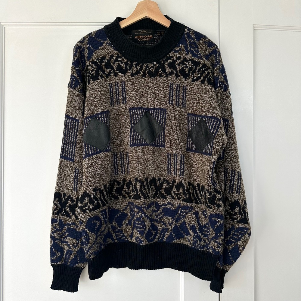 Vintage Uniform Code‎ Mens Sweater Geometric Leather Patch Crewneck Brown XL 80s
